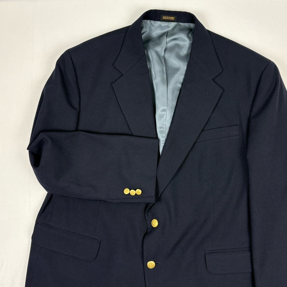 VTG 80s/90s Stafford Dacron/Wool Blend Gold Crest Button Blazer Portly 44S Navy